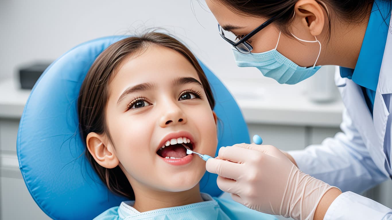 Young girl receiving a dental exam from a dentist wearing a mask and gloves, showcasing pediatric dentistry services. | Vernon Dental Clinic in North Oakville