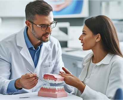 A dentist explains dental care to a patient using a model of human teeth. The patient listens attentively, sitting beside the dentist in a modern dental office.