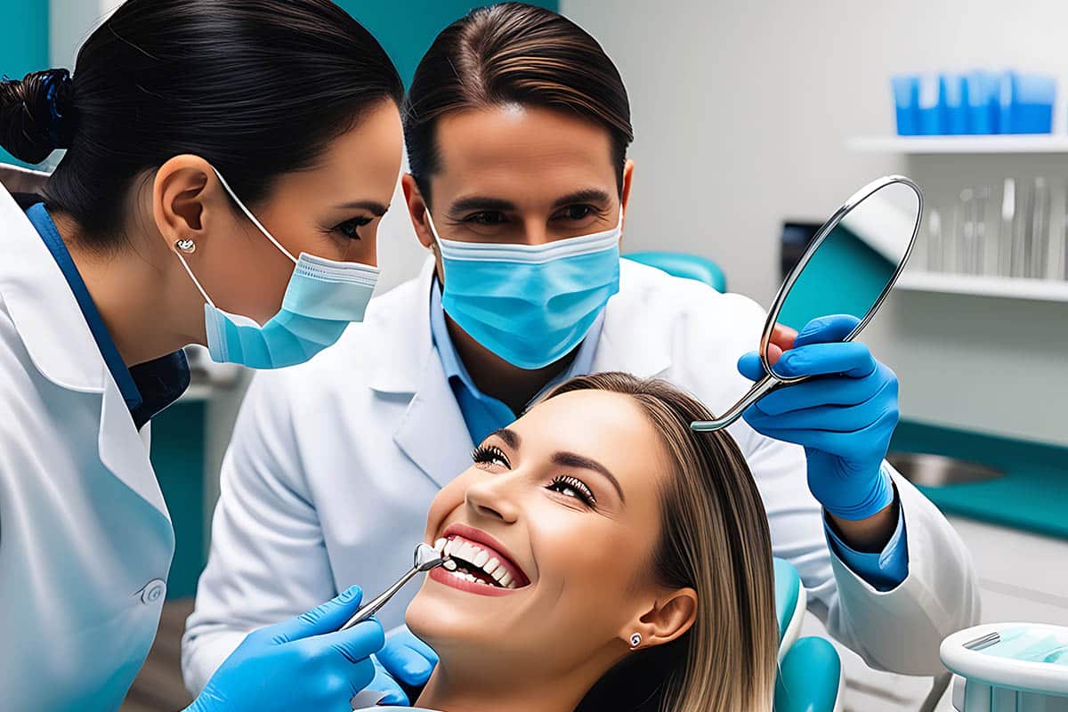 Woman receiving dental checkup from a dentist wearing protective gear in a modern dental clinic. | Cosmetic Dentistry at Vernon Family Dental in North Oakville