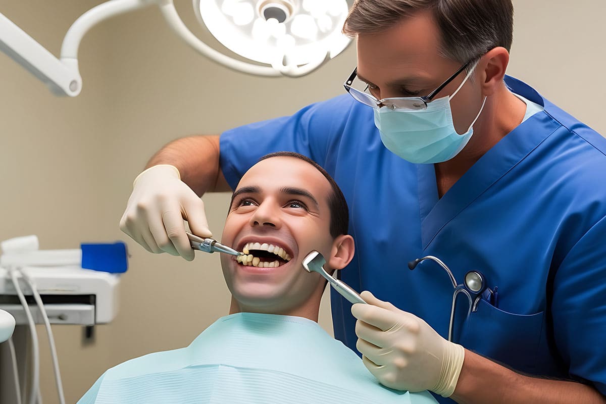 A dentist in blue scrubs and a face mask examines a smiling patient's teeth with dental instruments under a bright overhead light. |Cosmetic Dentistry at Vernon Family Dental in North Oakville