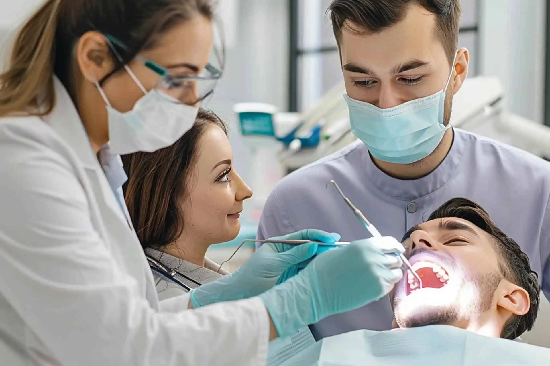 Root Canal Treatment - Vernon Family Dental Clinic In North Oakville-A woman sitting in a dental chair smiles as a dentist wearing blue gloves examines her teeth with dental instruments during a check-up.